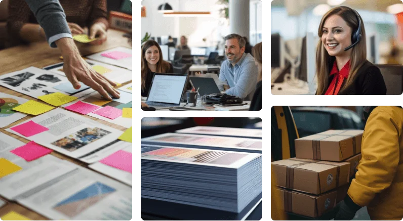 Collage von Bildern die Printprodukte von Mimeo zeigen 