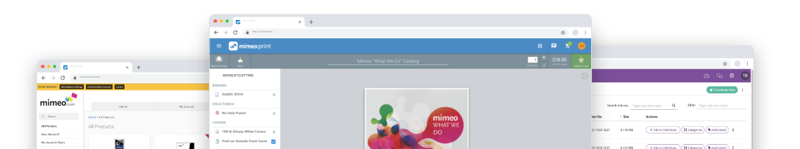 Eine Abbildung, die Mimeo-Plattformen anhand von Screenshots zeigt.