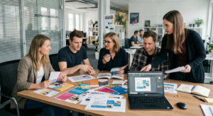 marketing team berät über print marketing im unternehmen