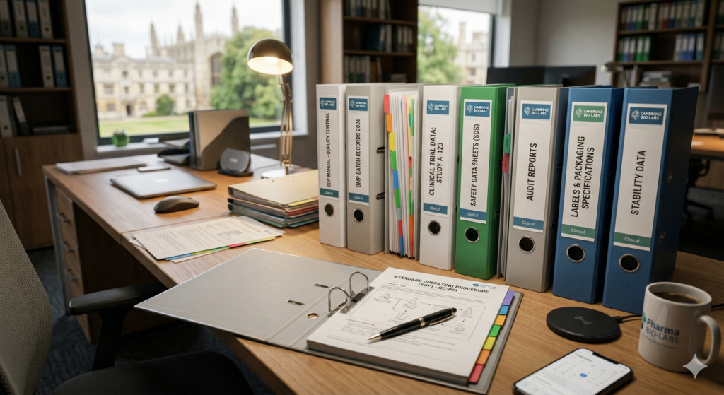 vertrauliche pharma dokumente auf einem schreibtisch