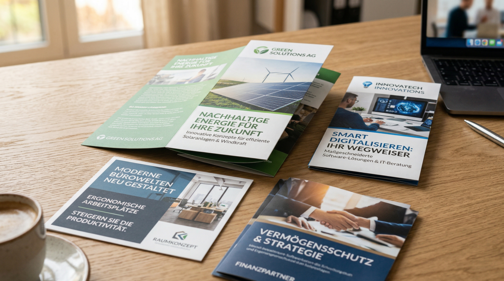 Gedruckte Marketingmaterialien auf einem Schreibtisch