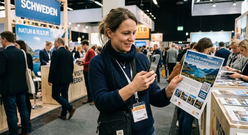 Frau scannt auf einer Messe den QR Code eines Marketingflyers