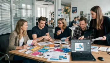 marketing team berät über print marketing im unternehmen