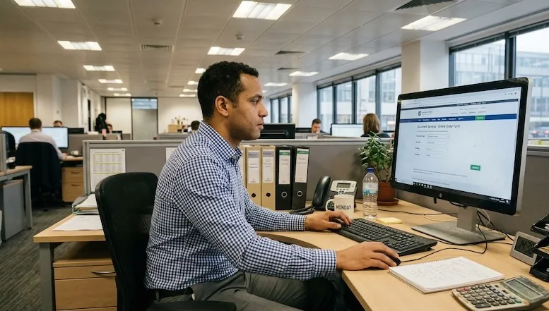 Mitarbeiter bestellt Druckdokumente online auf Druckplattform