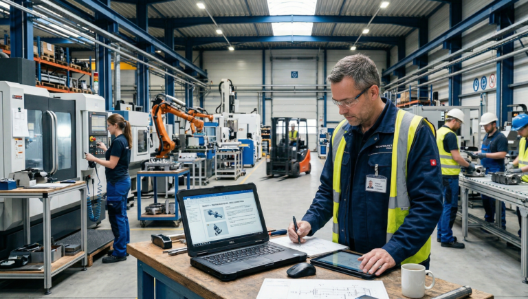 Ingenieur erstellt digitale Betriebsanleitung im Maschinenbau am Laptop in Fabrikumgebung
