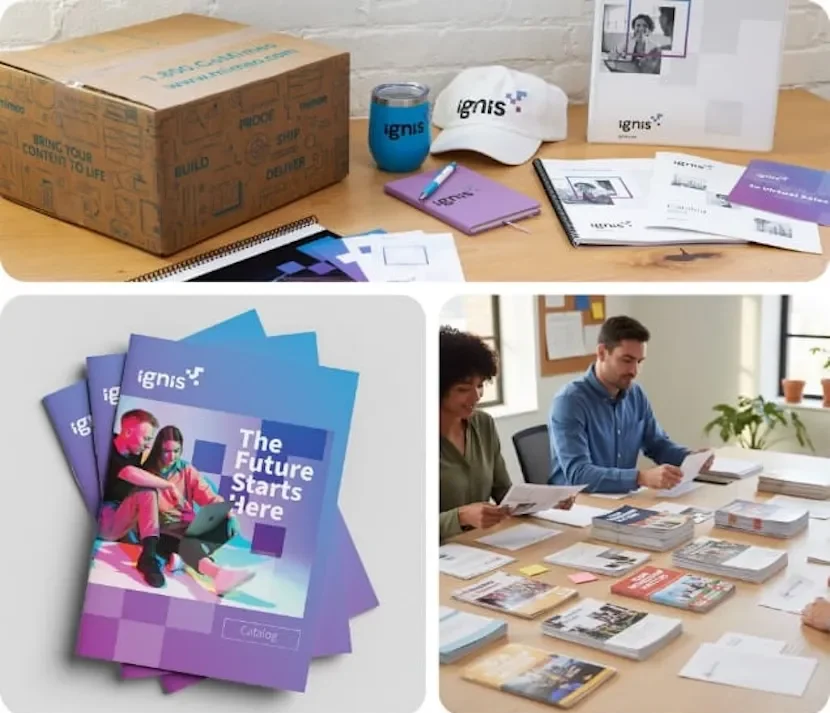 Marketingmaterial gedruckt in verschiedenen Fotos