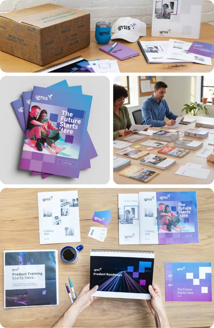Marketingmaterial gedruckt in verschiedenen Fotos