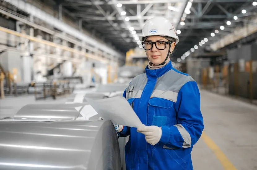 Technikerin liest Betriebsanleitung in Produktionsumgebung